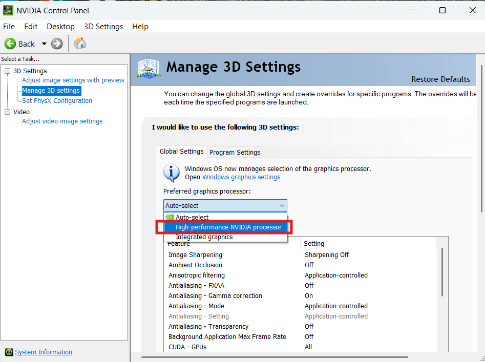 Screenshot for Step 1: Change your default GPU to a high-performance graphics card