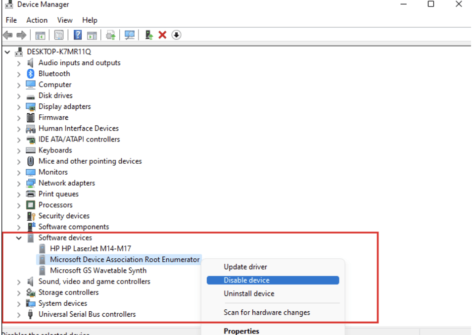 Screenshot for Step 2: Disable Microsoft Device Association Root Enumerator