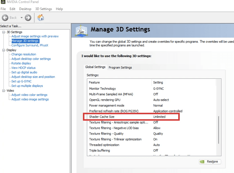 Screenshot for Step 3: Increase Shader Cache in Nvidia Control Panel (Nvidia GPU Owners)